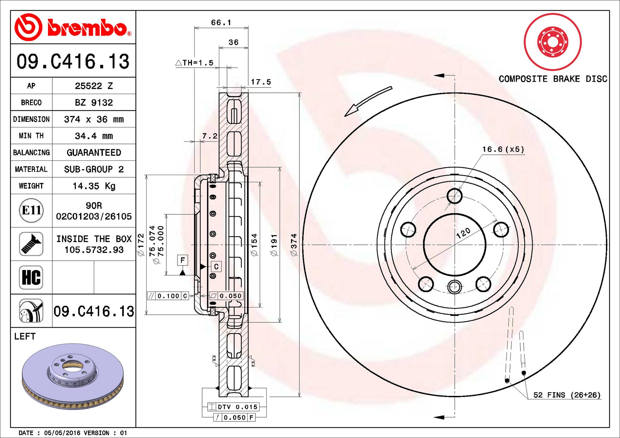 BMW Brembo Disc Brake Rotor - Front Left (374mm) 34116789543